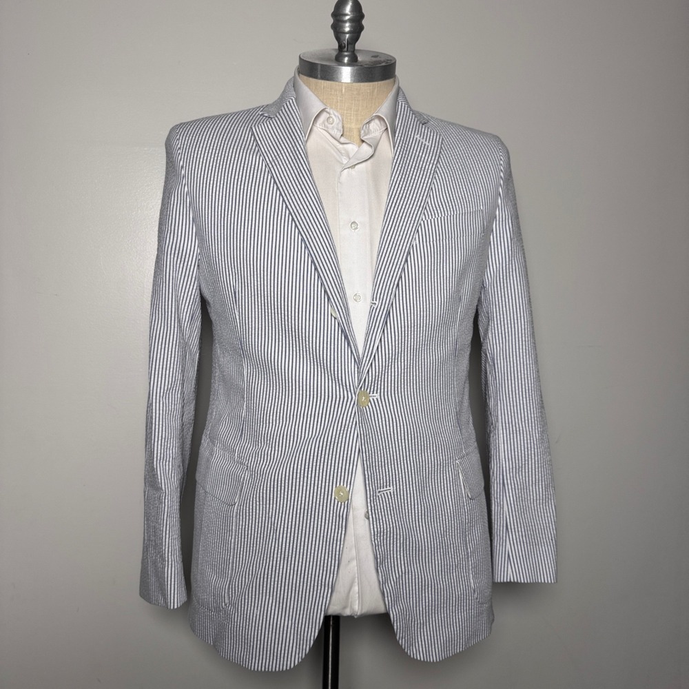 Brooks Brothers Blazer Mens 44R Blue White Seersucker Stripe Regent Fit Cotton